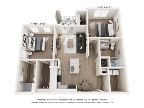 A 3D floor plan of a small apartment with a kitchen, living room, and bathroom.
